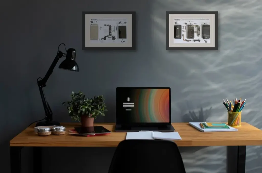 home office with wall art